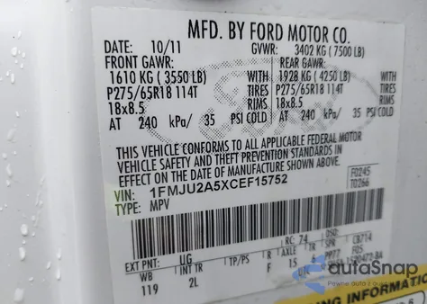 2012 Ford Expedition Limited from USA, damaged, VIN 1FMJU2A5XCEF15752